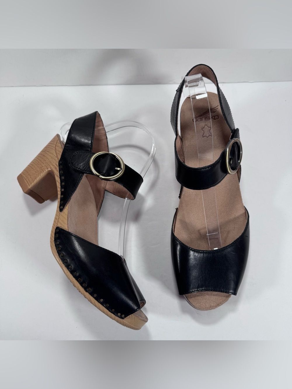 Dansko Black Leather Tamra Peep Toe Clog Sandals Women Size 12